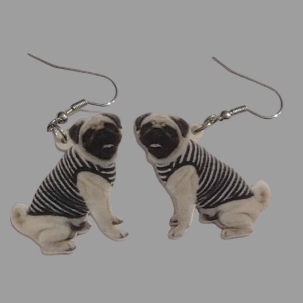 pug dog dangle earrings in a Striped Shirt